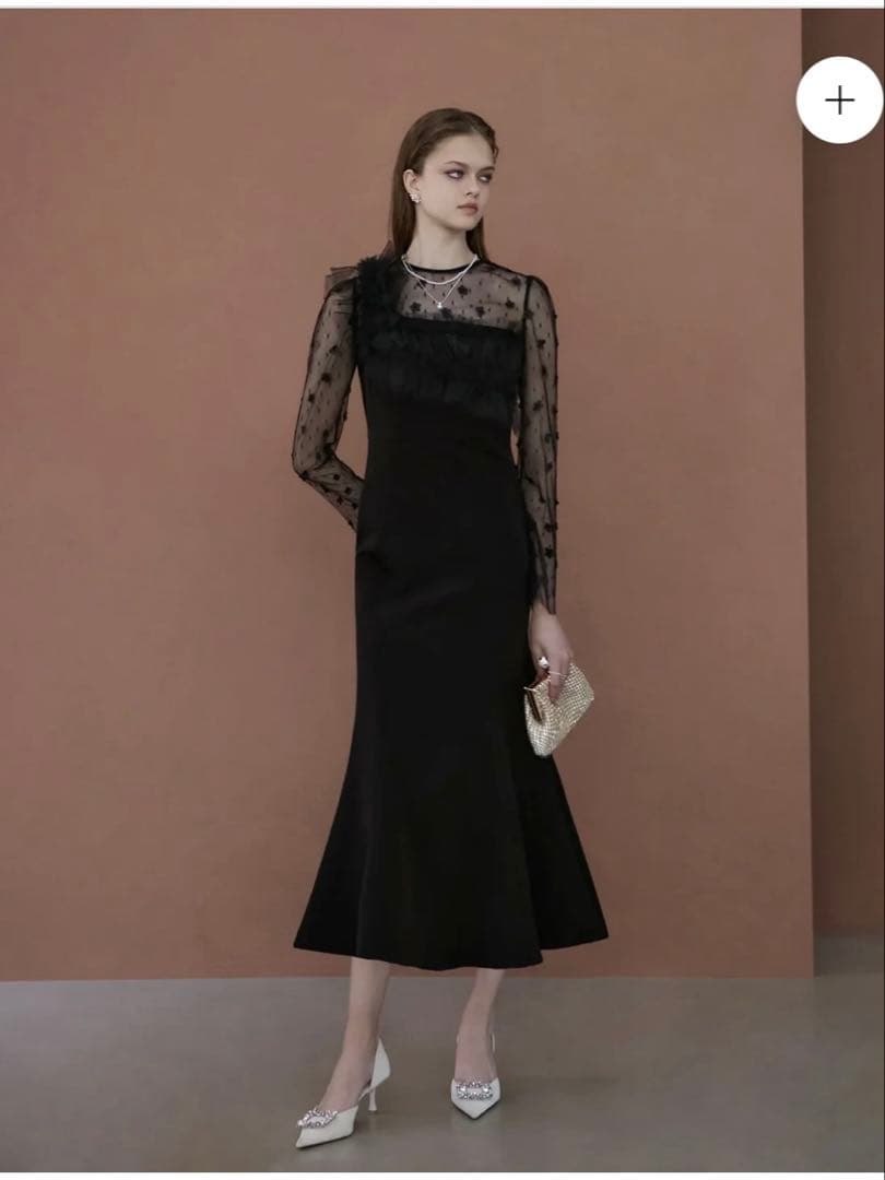 Leja フラワーモチーフアシンメトリーチュールマーメイドワンピースドレス 鞄付