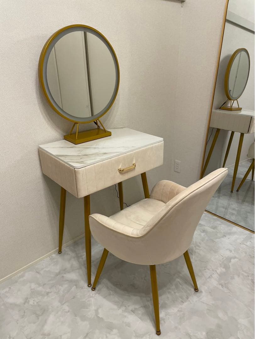 【引き取り限定】ドレッサー3点セットピンク ベロア調 大理石風 テーブル椅子 鏡