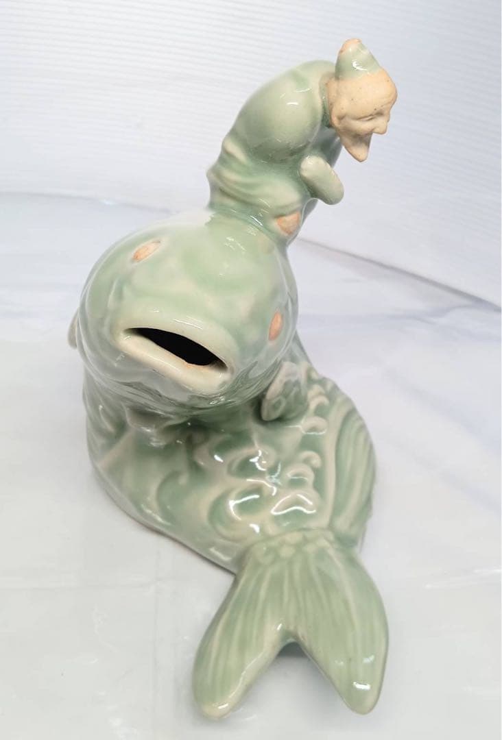 三田焼 青磁 鯉仙人香炉 三田青磁工房 置物 木箱入り 鯉 仙人 骨董