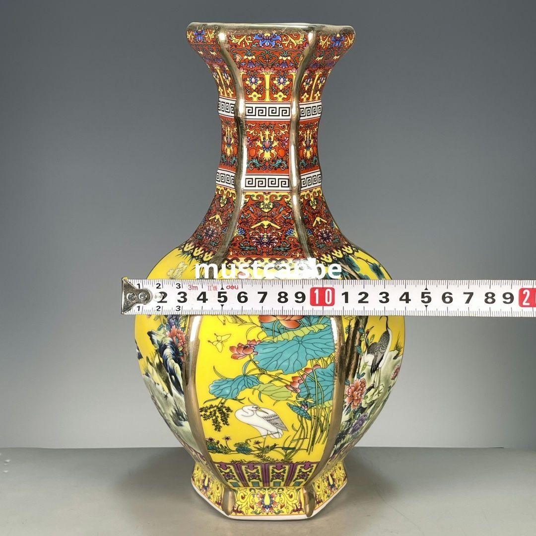 琺瑯黄色窓開け四季花鳥鶴六方花瓶 景徳鎮 陶磁器 装飾品 現代工芸品美術品 置物