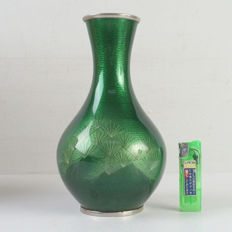 七宝焼　緑釉　松文　花瓶　共箱　V　9827