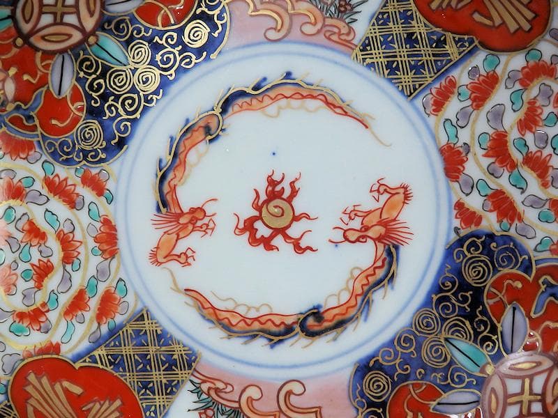 古伊万里　金襴手　宝珠に団龍紋　熨斗に花の図　膾皿　３客　D972AS-CBn