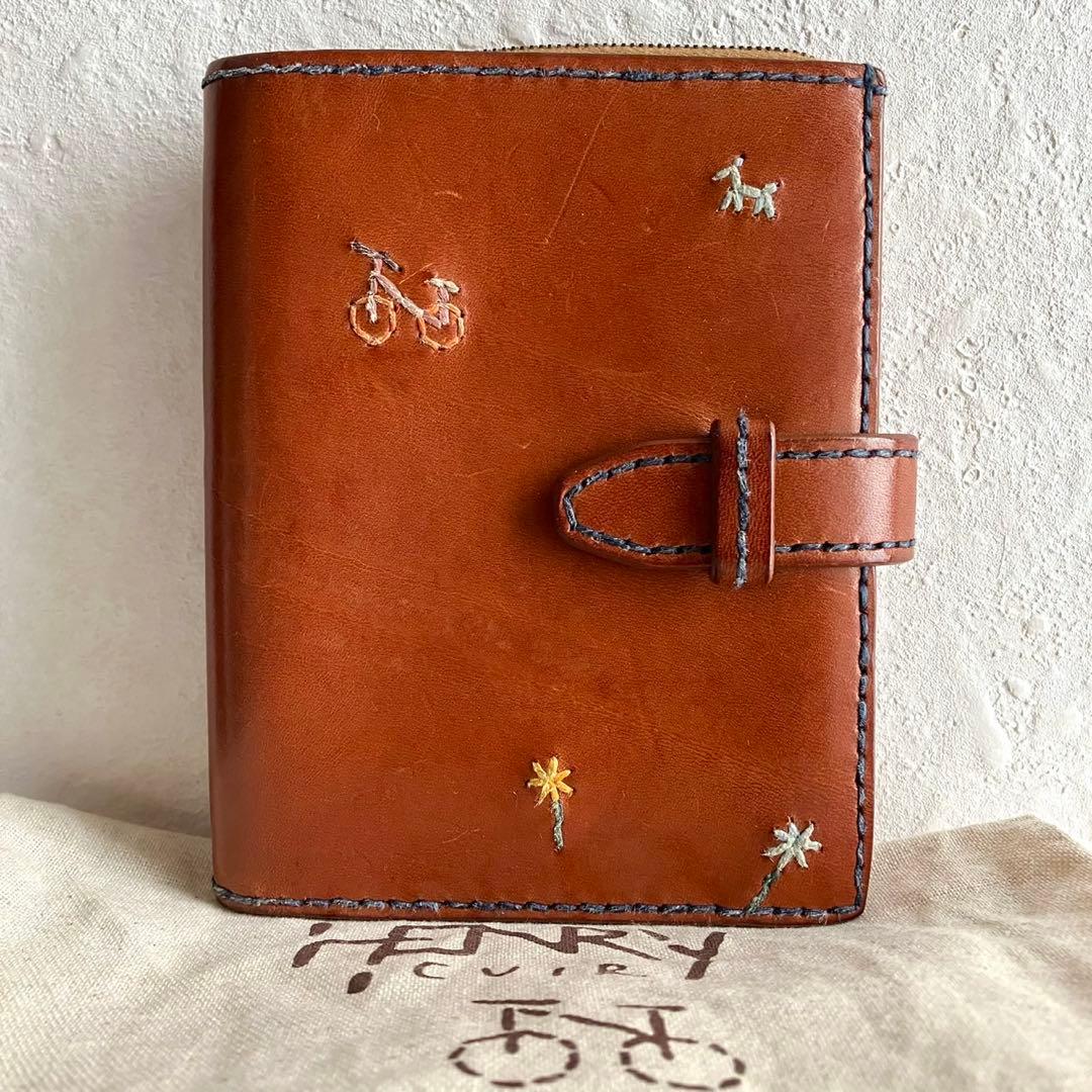 廃盤 希少 HENRY CUIR 折り財布 手帳型 刺繍 レザー ブラウン