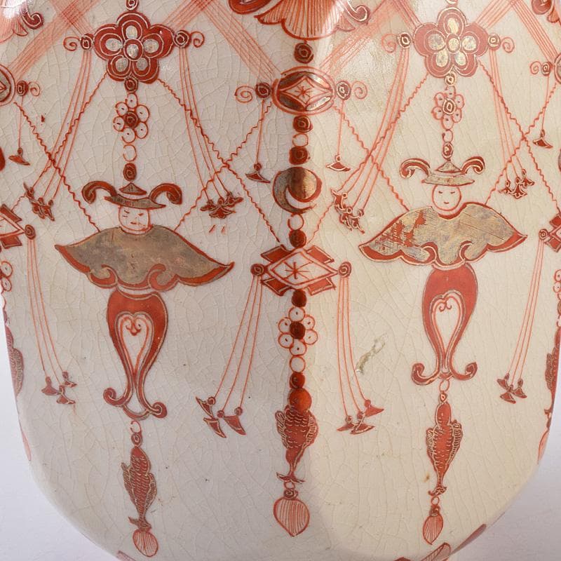 九谷焼　古九谷　赤絵金彩　瓔珞文　六角大徳利　一對　長壽箱付　G　R8975B