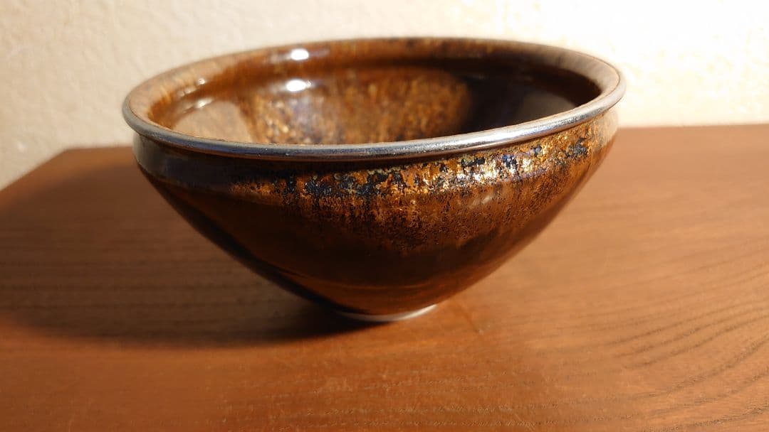 天目茶碗　銀縁 抹茶碗　茶道具　お碗　飴釉　李朝　古玩　アンティーク陶器　１客