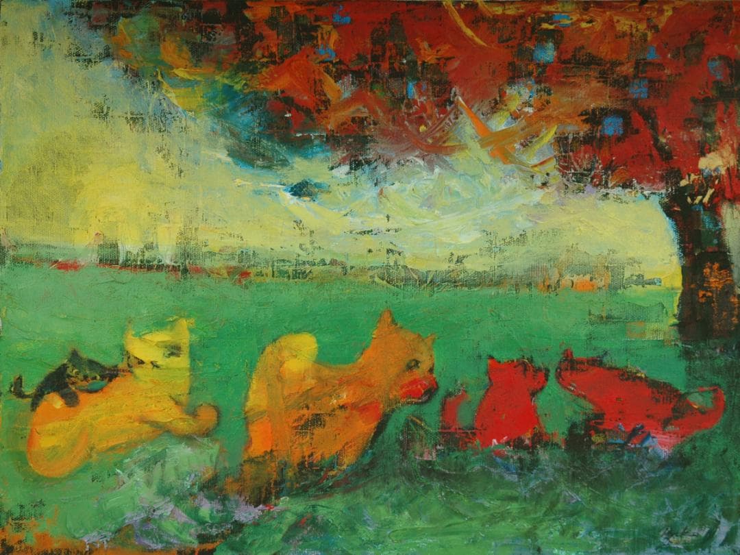 油絵 菅家令子 絵 絵画 インテリア 額付(黒) uF6-071219 猫と犬