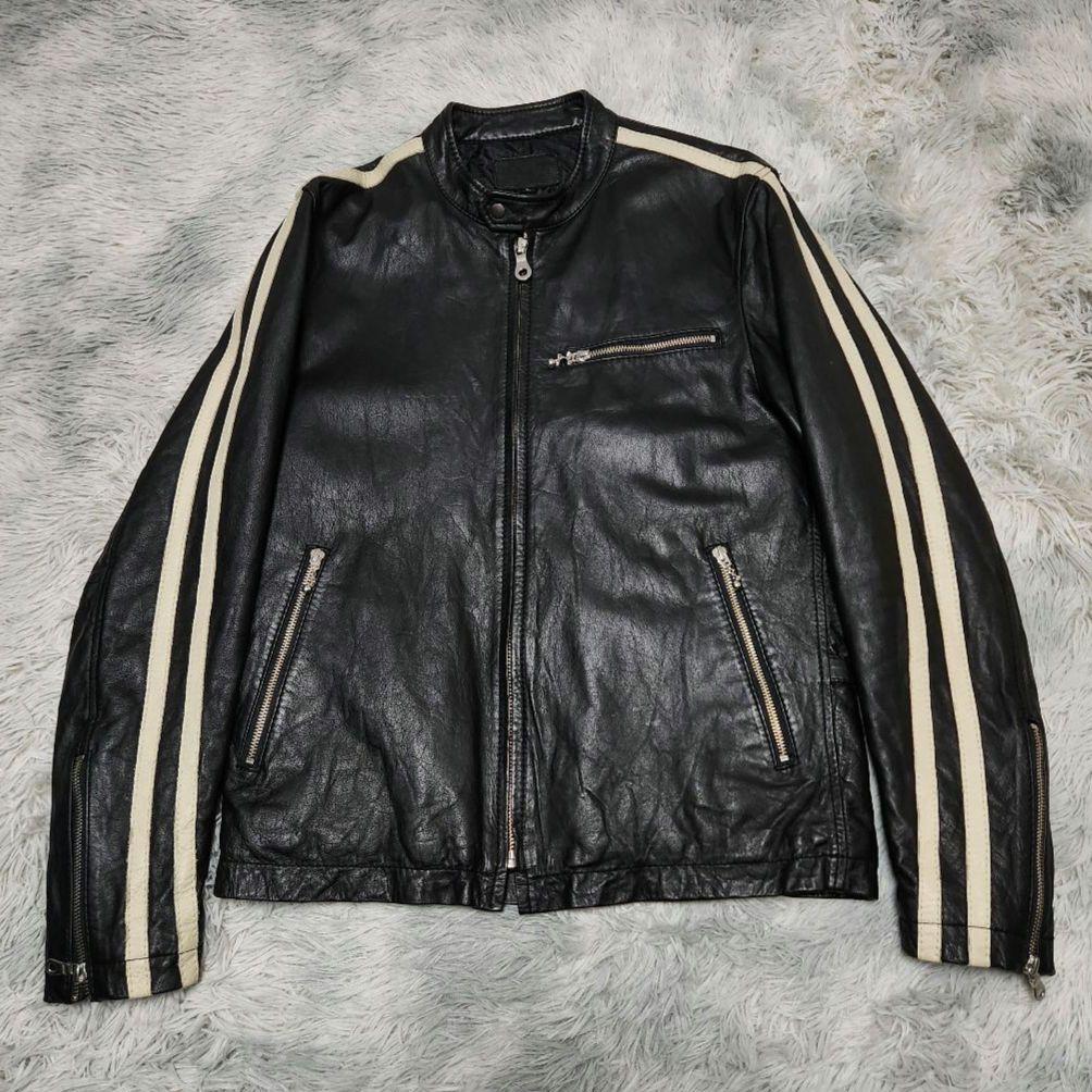 み*け様 vintage 牛革 白ライン シングルライダースジャケット レザージ