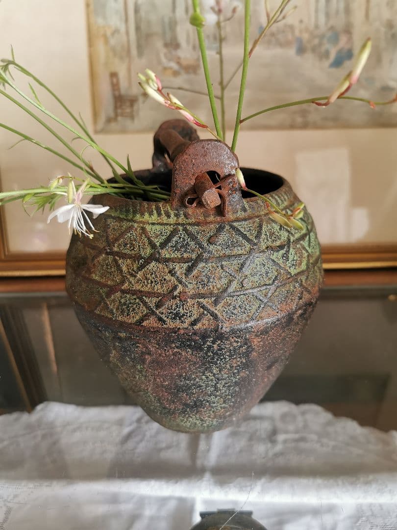 和骨董 青銅花瓶 美しい緑青 朝顔/蔦葉紋 竹象手付き花器 花入れ アンティーク