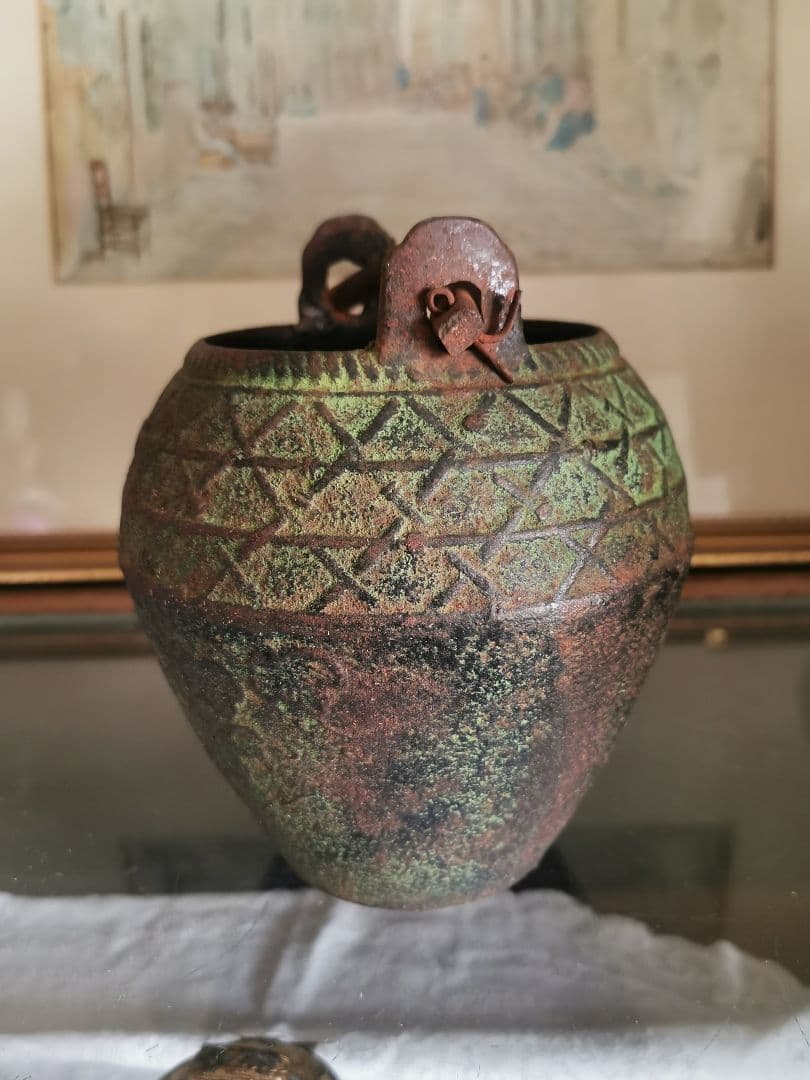 和骨董 青銅花瓶 美しい緑青 朝顔/蔦葉紋 竹象手付き花器 花入れ アンティーク