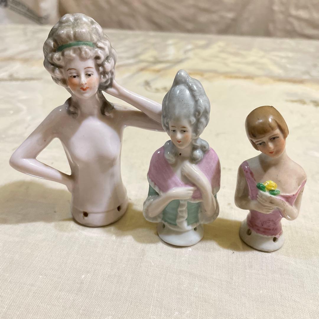 584ハーフドール3体陶器の女性像 イギリス買い付けピンクッション