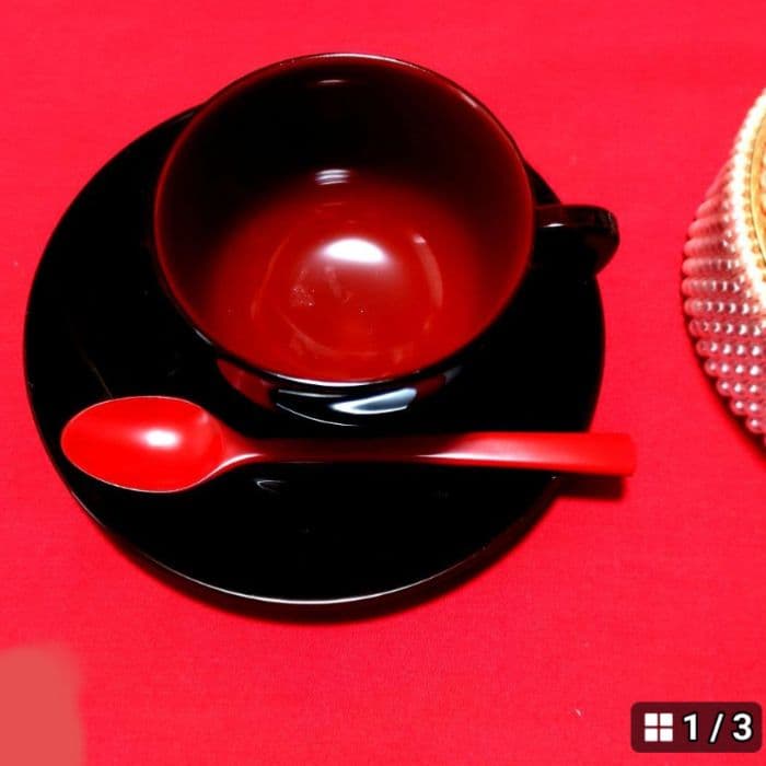 赤と黒の漆器カップとスプーンセット　輪島塗本舗　福忠　能登輪島 ［新品·未使用]