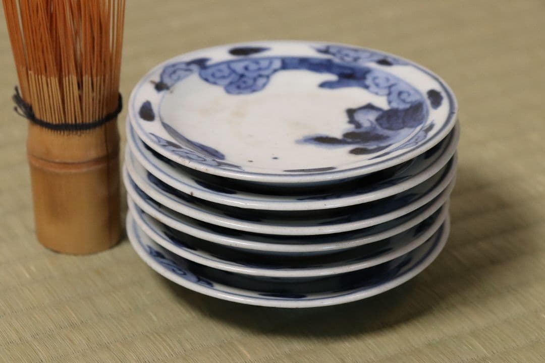 古伊万里 雲龍 染付 醤油皿 五客 約10cm 手塩 小皿 陶芸【MA476】