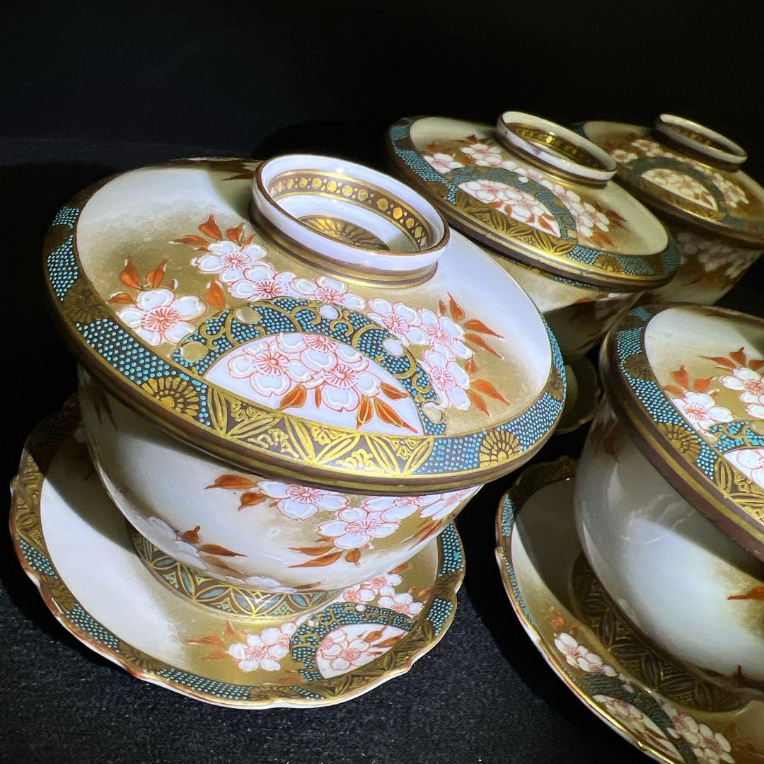 九谷　吉田製　極上手　茶托付蓋茶碗4客　東Y7-1203☆2F