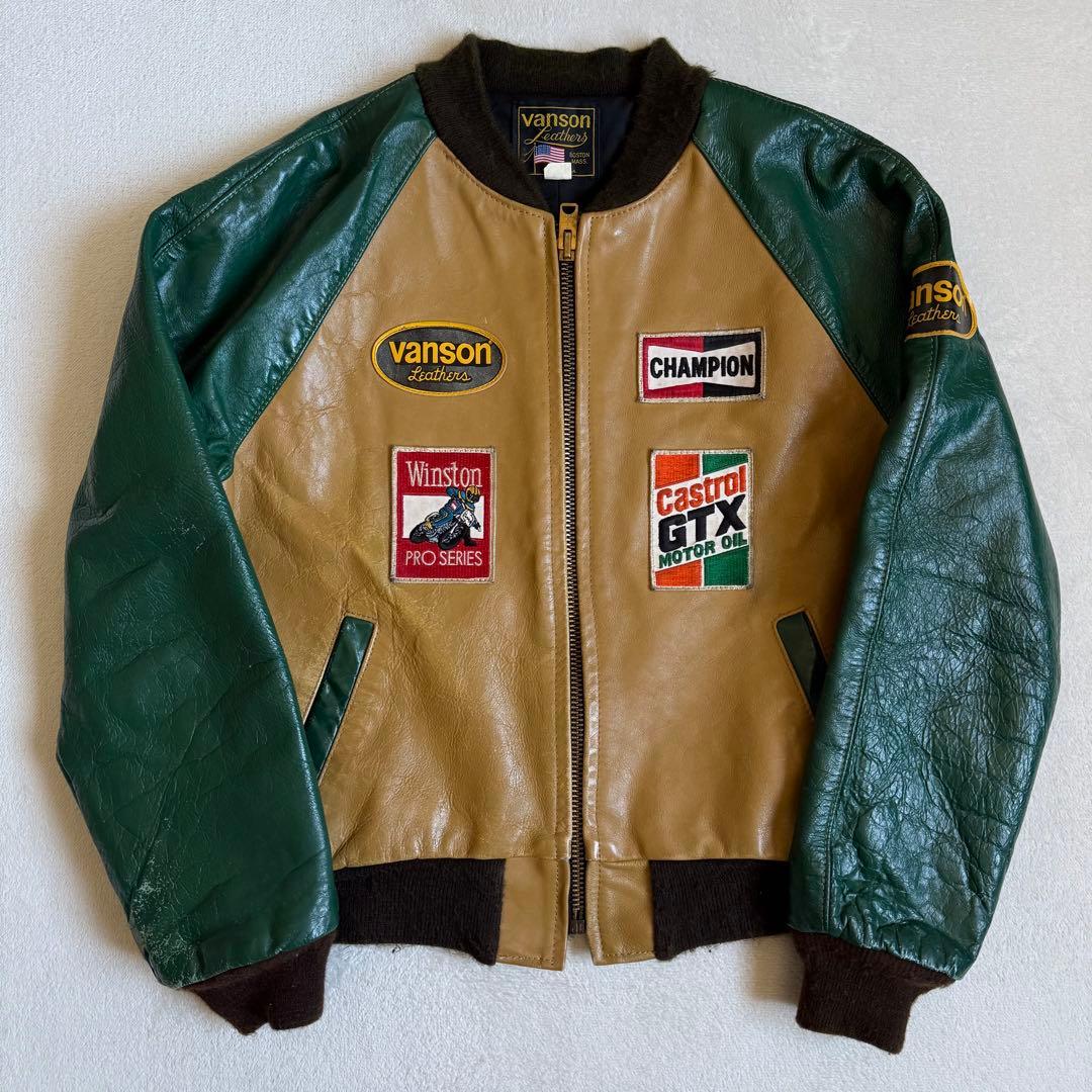 VANSONレザージャケット グリーン ワッペン 42