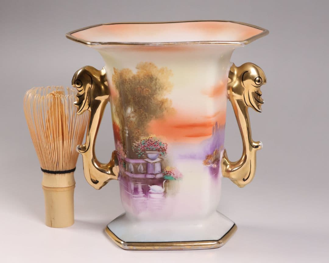 【CM305】オールドノリタケ 湖畔の風景 白鳥 花瓶 15.5cm 耳付 花入