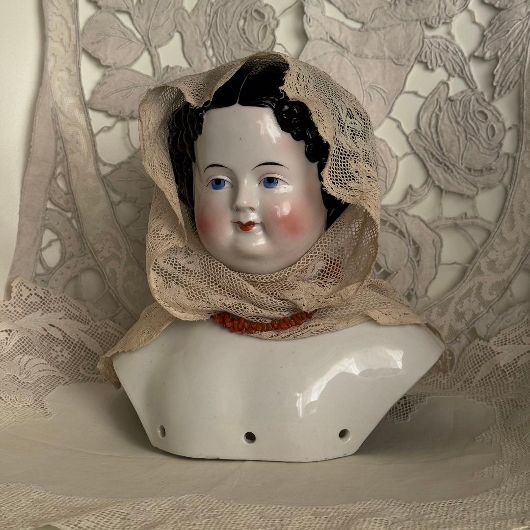 19世紀 チャイナドール 磁器製ヘッド　特大サイズ 約21cm 希少