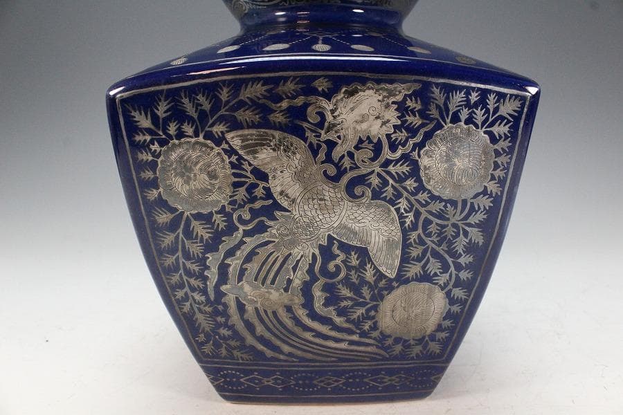 中国美術 瑠璃釉 銀彩 纏枝蓮花鳳紋 瓢瓶(K-XA832)