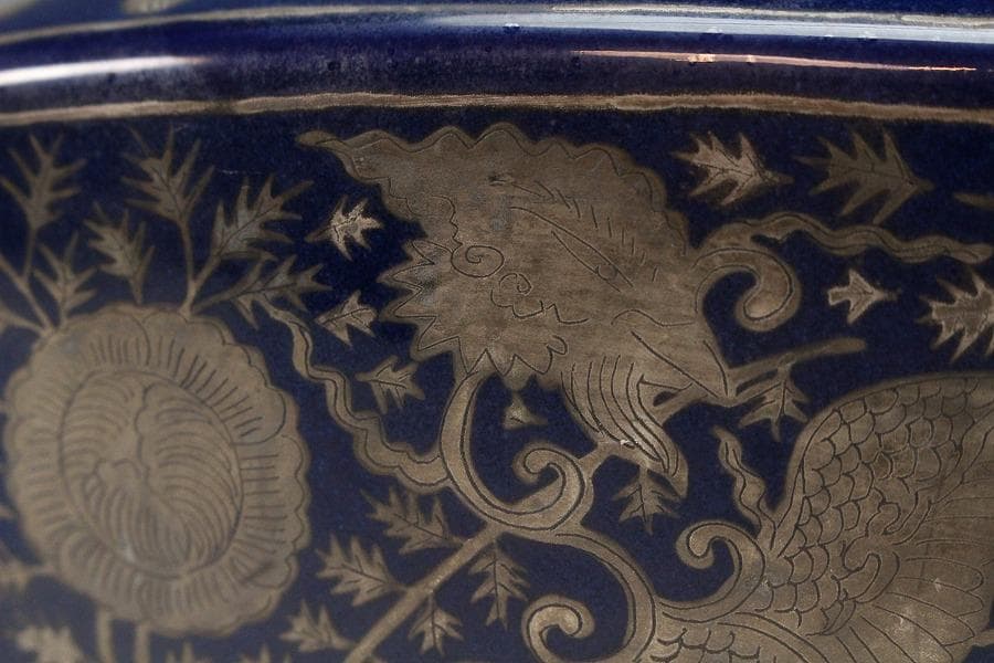 中国美術 瑠璃釉 銀彩 纏枝蓮花鳳紋 瓢瓶(K-XA832)