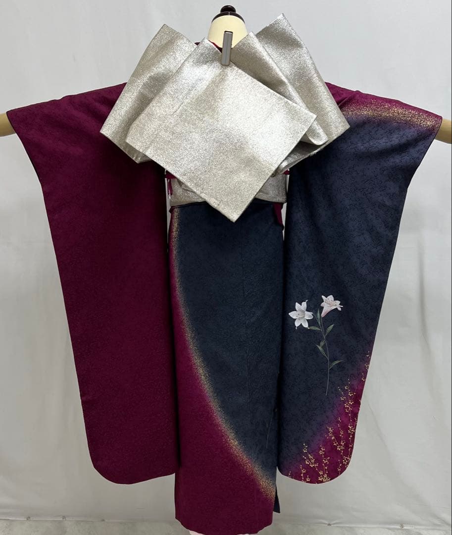 振り袖　フルセット　長襦袢付　金彩加工　希少銀無地両面全通袋帯　535