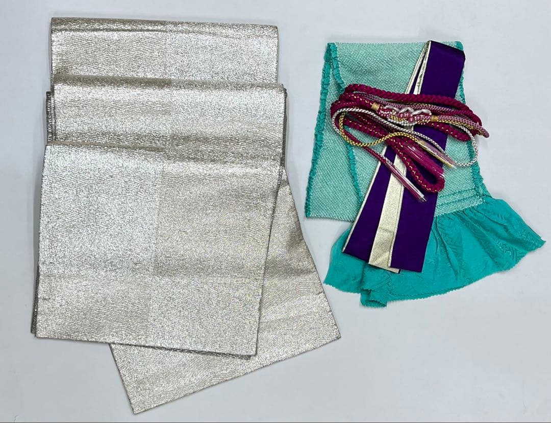 振り袖　フルセット　長襦袢付　金彩加工　希少銀無地両面全通袋帯　535