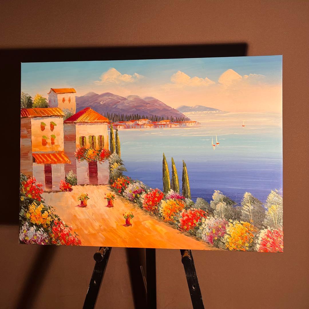 （大型）手書き油絵 地中海の風景 肉筆絵画 インテリア 油彩画