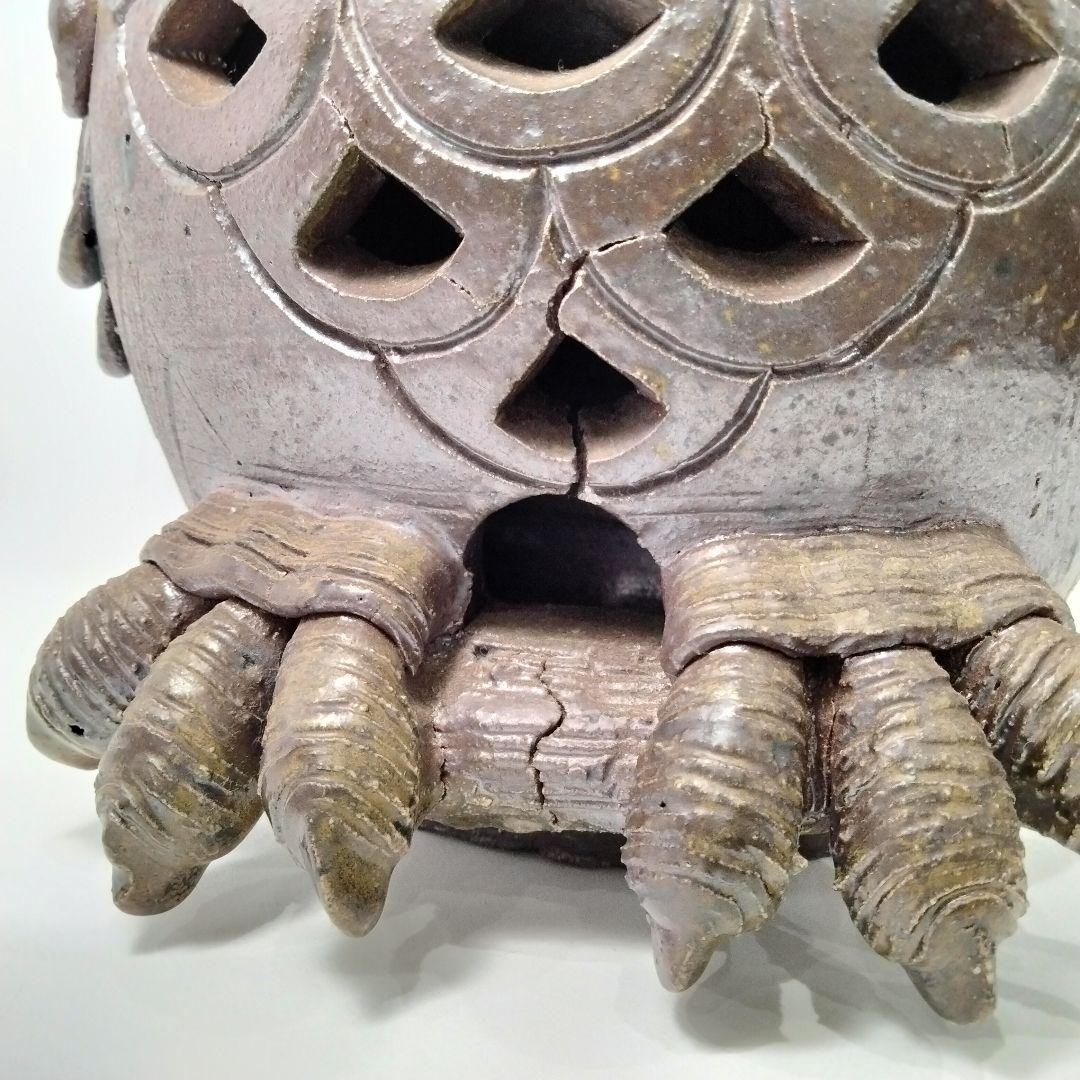 X119-1 備前焼 ミミズク 透かし細工 置物　BB