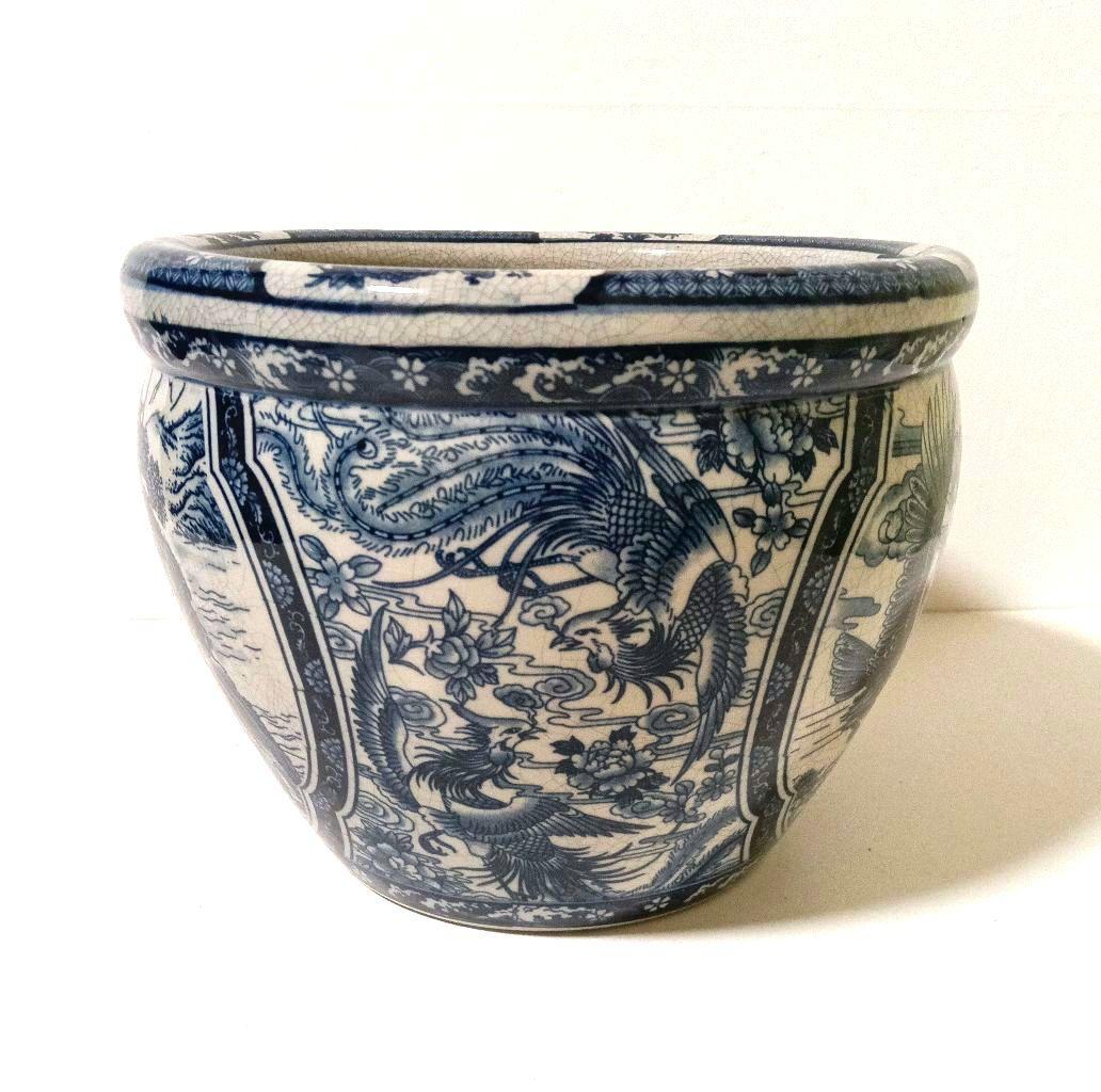 山水楼閣 鷹金魚図 火鉢 睡蓮鉢 金魚鉢 メダカ鉢