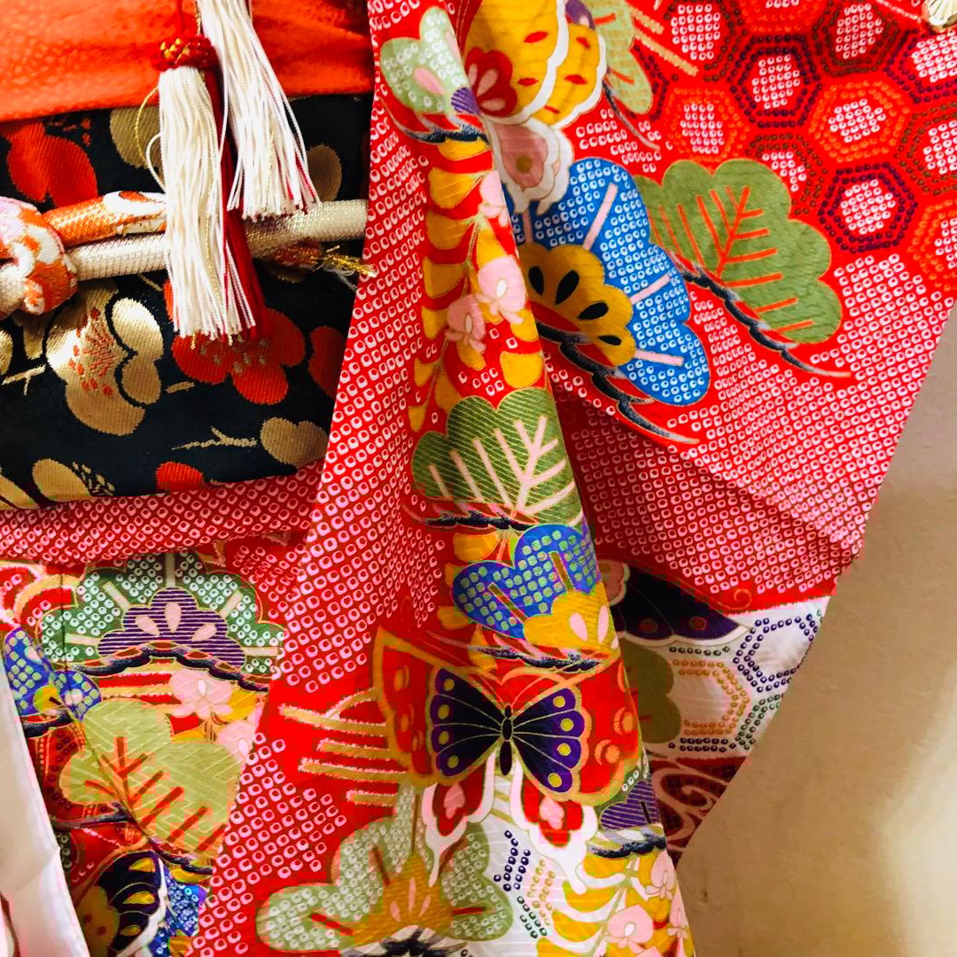 七五三七歳❣️豪華絞り柄アシメトリ花金彩⭐︎正絹全通袋帯刺繍煌びやか⭐︎完全フルセット