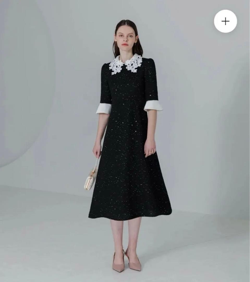 Leja 花柄レースカラースパンコールAラインワンピースドレス M