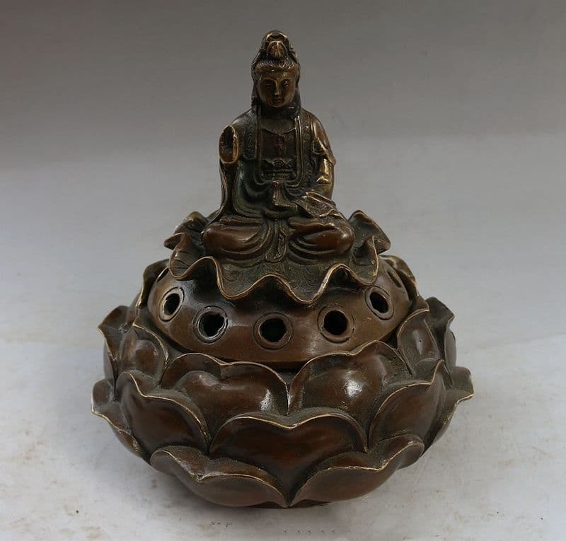 観音坐蓮香炉 銅製品 鎮宅 辟邪 開運 風水 香道具 工芸品 美術品 置物