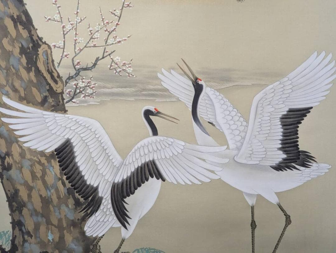 【真作】掛軸　松竹梅鶴　吉祥掛軸　初春飾り　日の出図　共箱入　U112