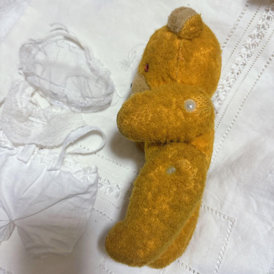 DDRベア 古い子　アンティークベア　アンティークテディベア　ボネ襟パンツ付き