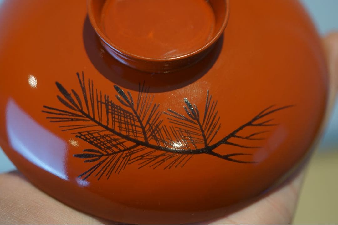 能登輪島塗 銘 玉峯 朱漆 根引松見返翁蒔絵 吸物椀 2客/ 木製漆器 茶懐石