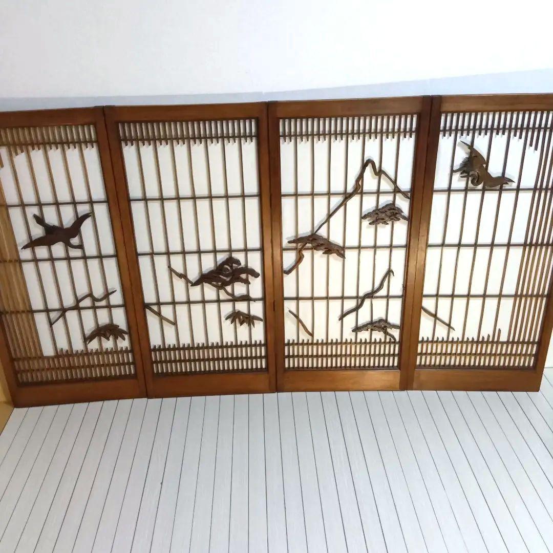 和風　木彫り　障子　４連　折りたたみ　衝立　パーテーション