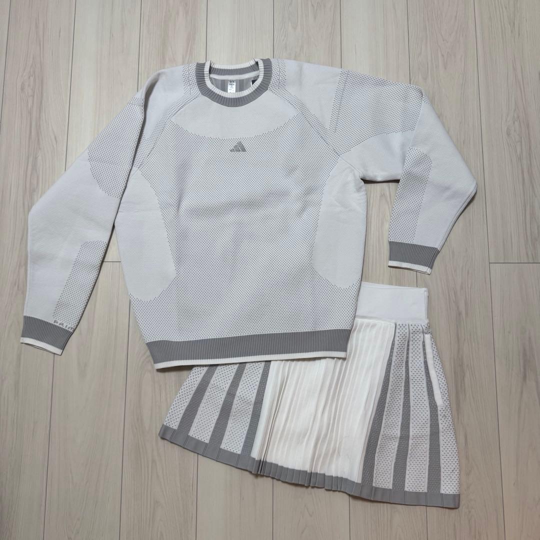 新品 アディダス セットアップ 秋冬 プライムニット プリーツスカート 白 保温