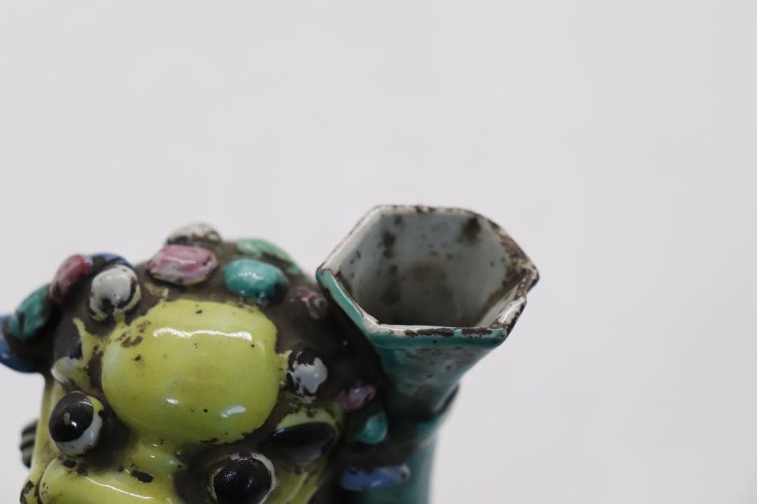 中国　清時代　洋彩　獅子　置物　共箱　送料込み250115