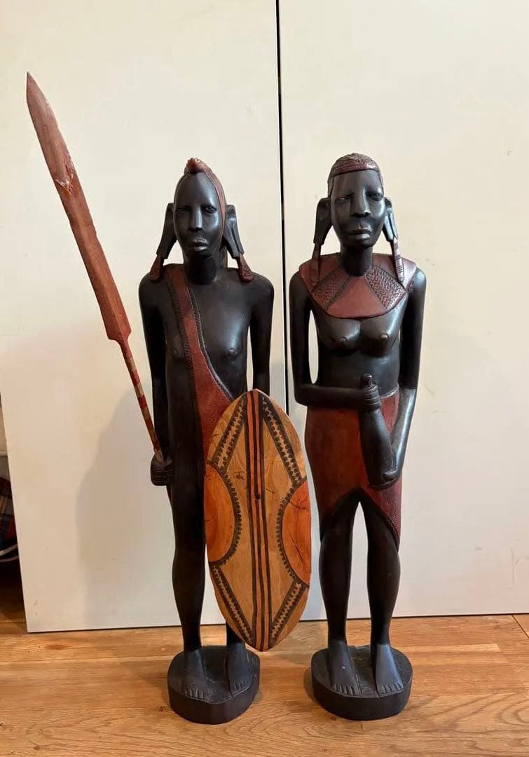 アフリカ民芸品　アンティーク60㎝サイズ　タンザニアマサイ族　木彫りペア人形