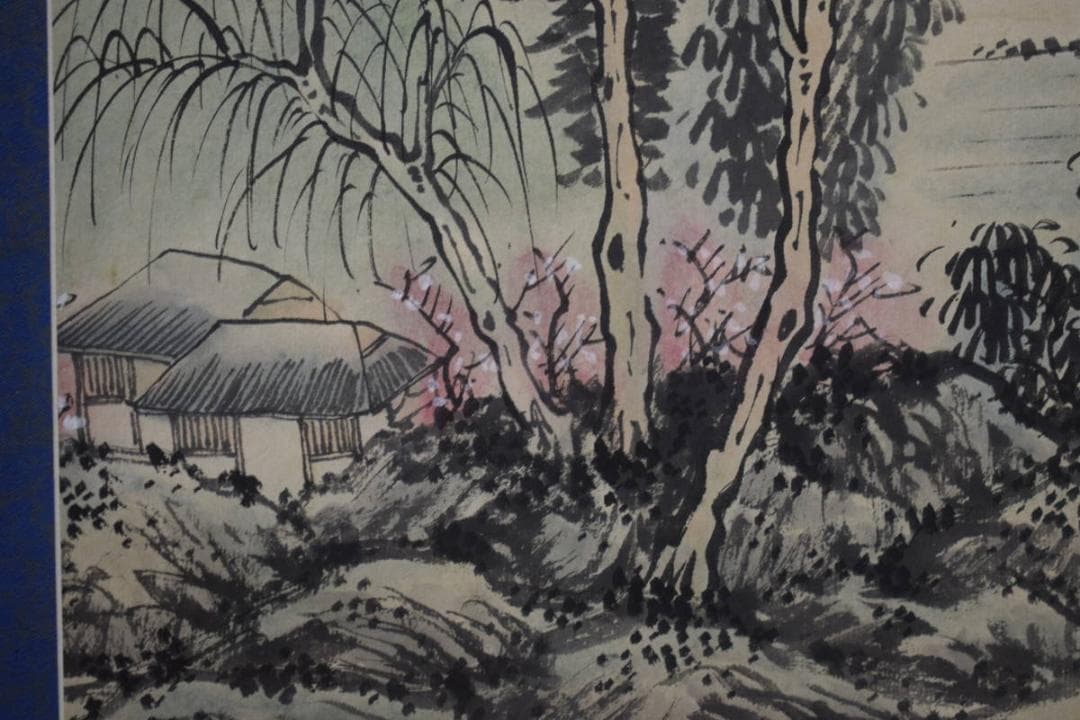 真作/墨林/春景山水人物図/布袋屋掛軸HI-84