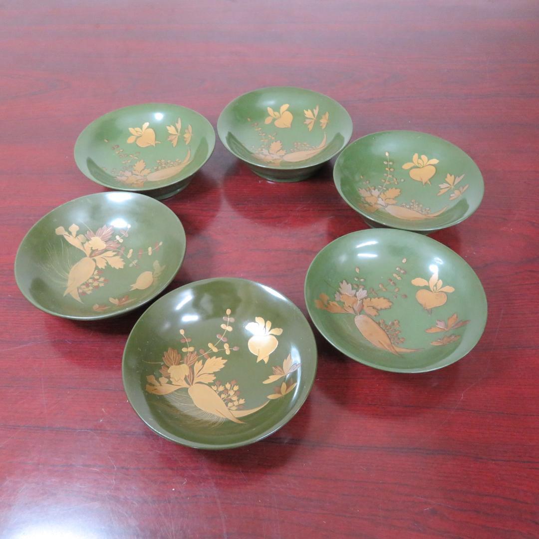 緑吸物碗 青地 盃 蒔絵 大根 カブ 6ケ 小傷1ケ 明治頃 希少 漆器