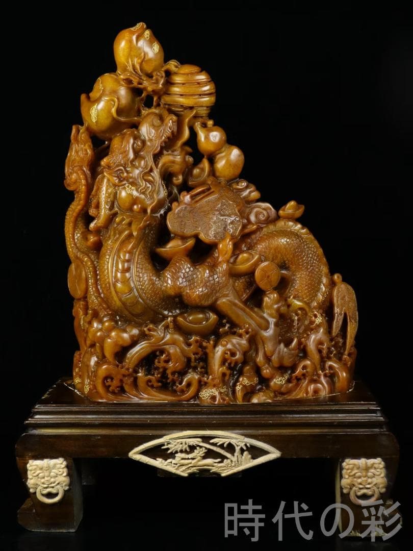 中国古美術【寿山石田黄石 金龍献宝】篆刻家 西鳳作款 旧蔵重器 鏤空細工 在銘