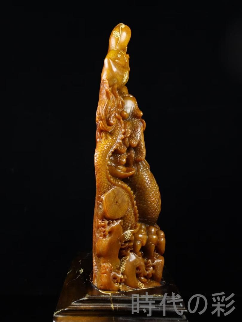中国古美術【寿山石田黄石 金龍献宝】篆刻家 西鳳作款 旧蔵重器 鏤空細工 在銘