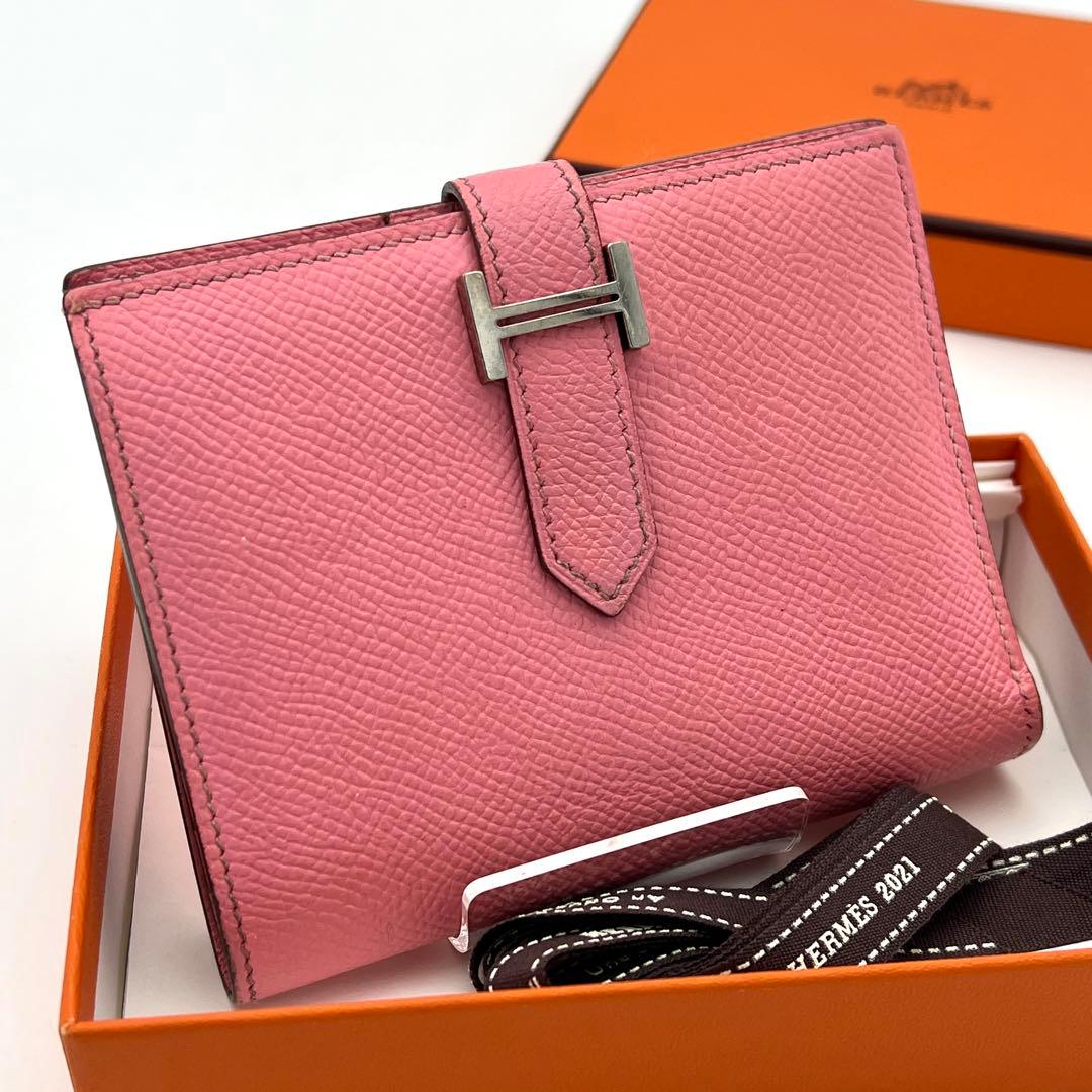 【鑑定済】エルメス ベアン コンパクト 折り財布 ローズコンフェッティ