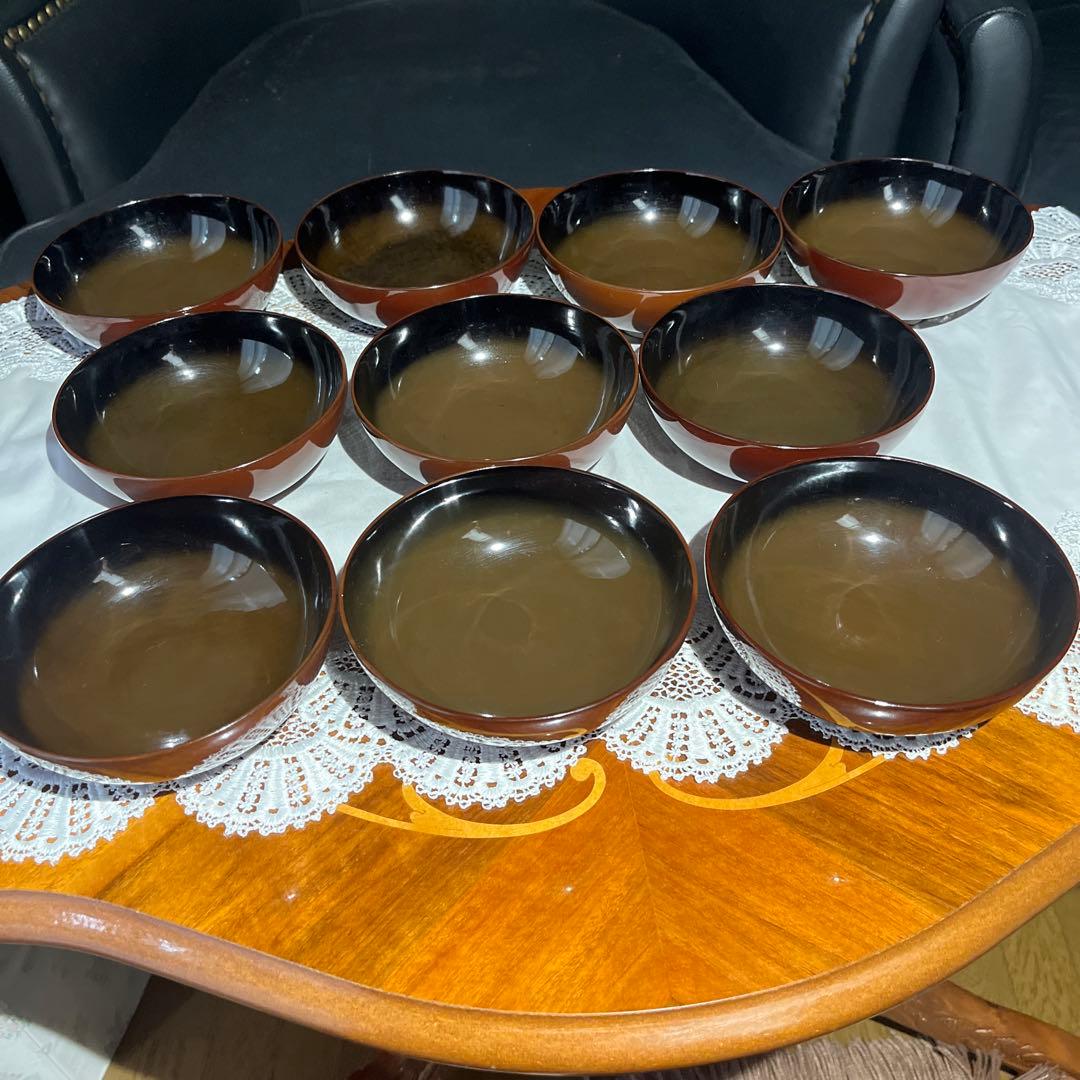 茶道 煎茶 年代物 漆器 沈金 梅に鶯 吸物椀 10客揃