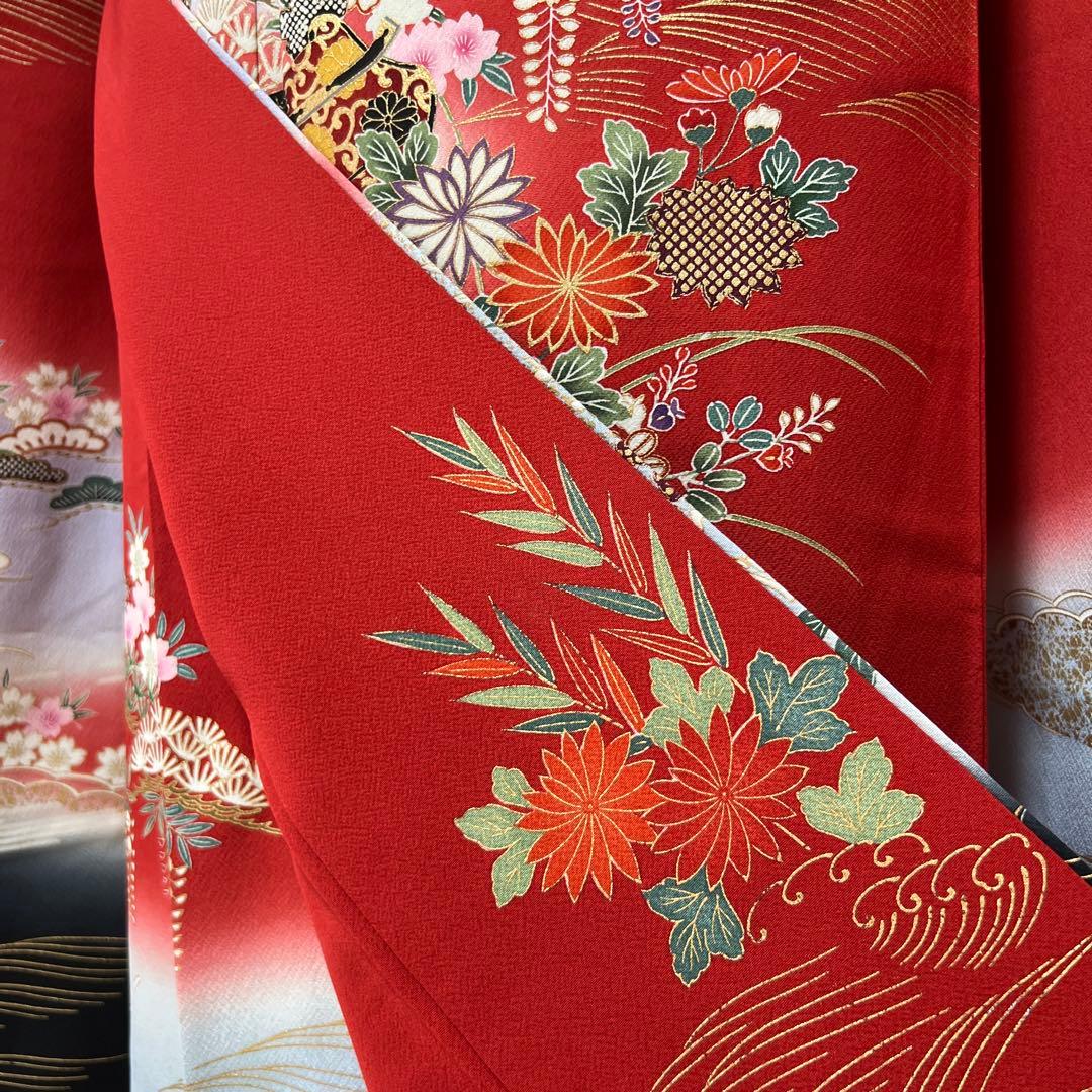 367 振袖フルセット 正絹 赤 レッド 黒 金彩 暈し染め 古典 風景 正統派