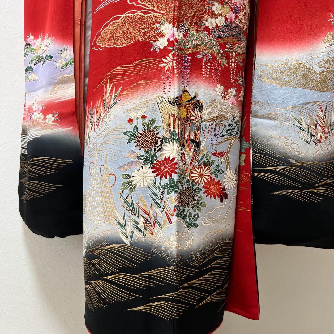 367 振袖フルセット 正絹 赤 レッド 黒 金彩 暈し染め 古典 風景 正統派