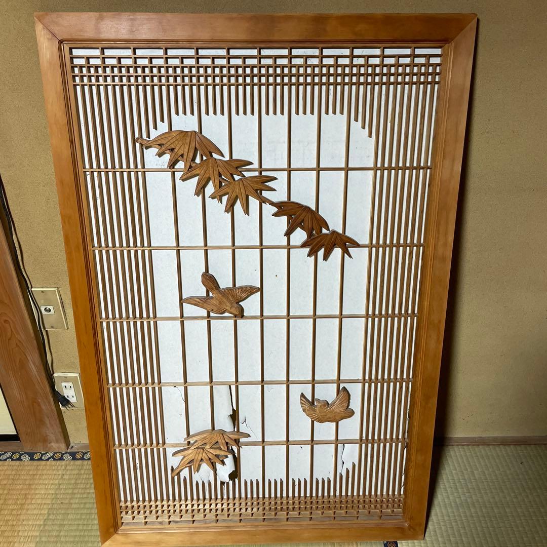 アンティーク　昭和レトロ　建具　障子　木製　葉と鳥の彫刻付き