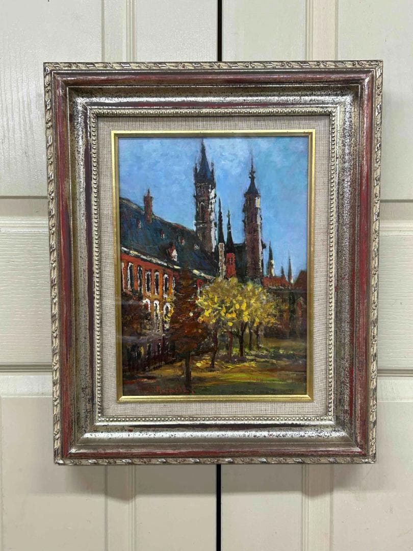 三觜正之 油絵 F4 アムステルダムの教会 額装 風景画 自然画