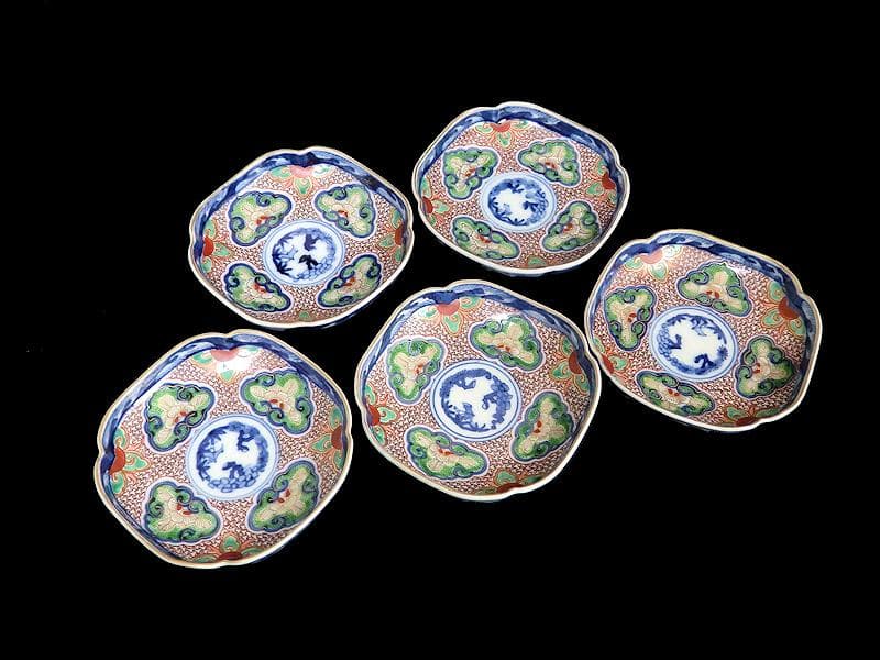 大聖寺伊万里 　毘沙門亀甲紋に松竹梅の図 縁高角皿　5枚　C775AS-BUj