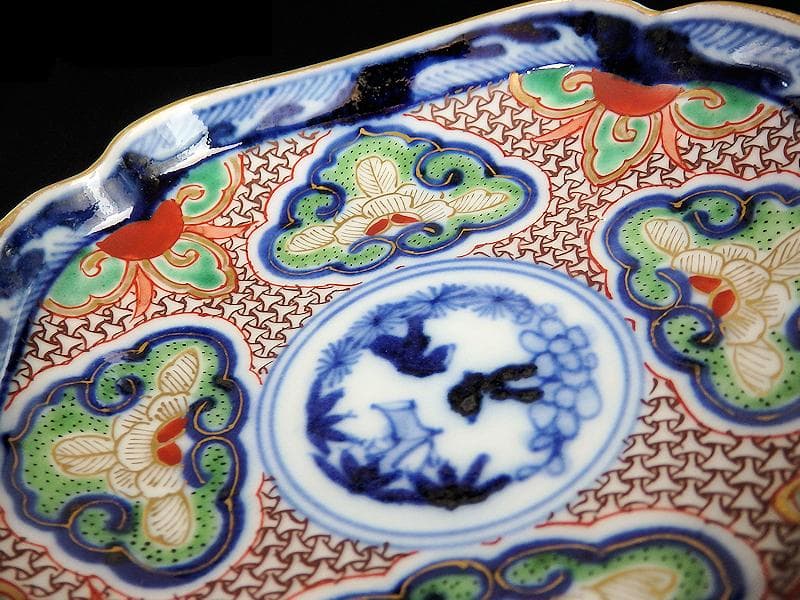 大聖寺伊万里 　毘沙門亀甲紋に松竹梅の図 縁高角皿　5枚　C775AS-BUj