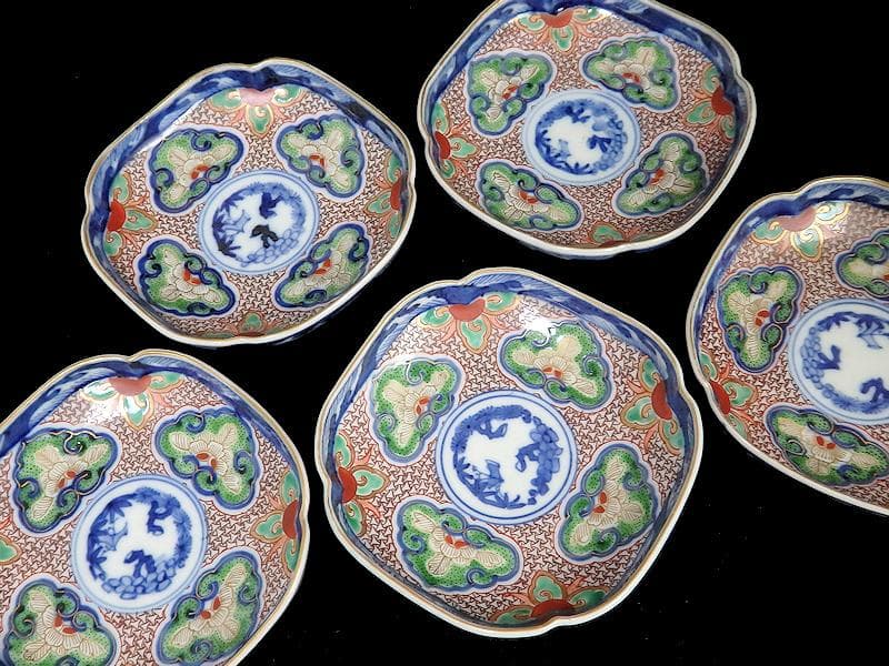 大聖寺伊万里 　毘沙門亀甲紋に松竹梅の図 縁高角皿　5枚　C775AS-BUj